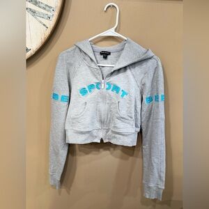 Bebe Sport Gray Zip-Up Crop Hoodie with Turquoise Blue Accents Size Large